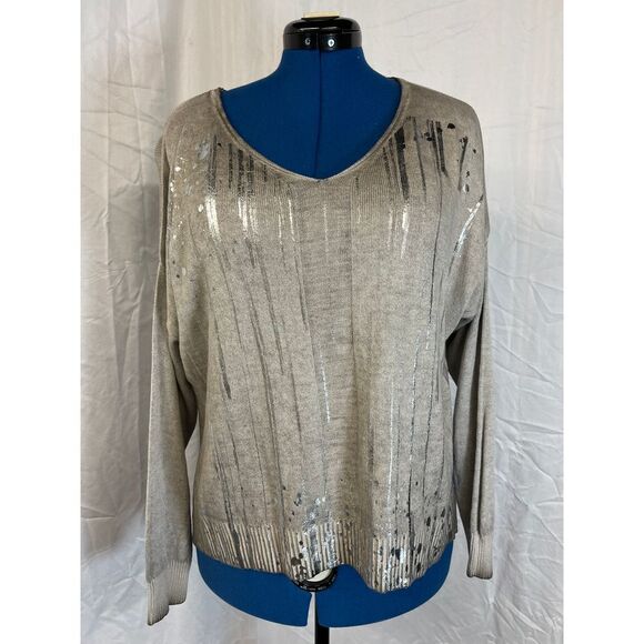 Metallic Silver Sequined Long Sleeve Evening Party Blouse Cocktail Top - Picture 2 of 8